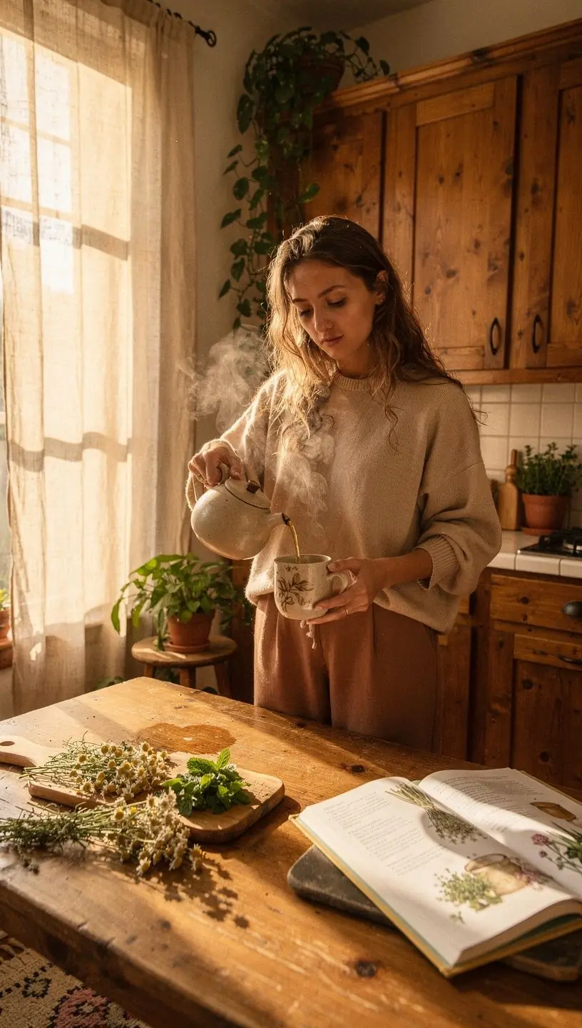 Šviežio žaliosios arbatos puodelis šalia sveiko užkandžio, simbolizuojantis subalansuotą ir sveiką gyvenimo būdą.