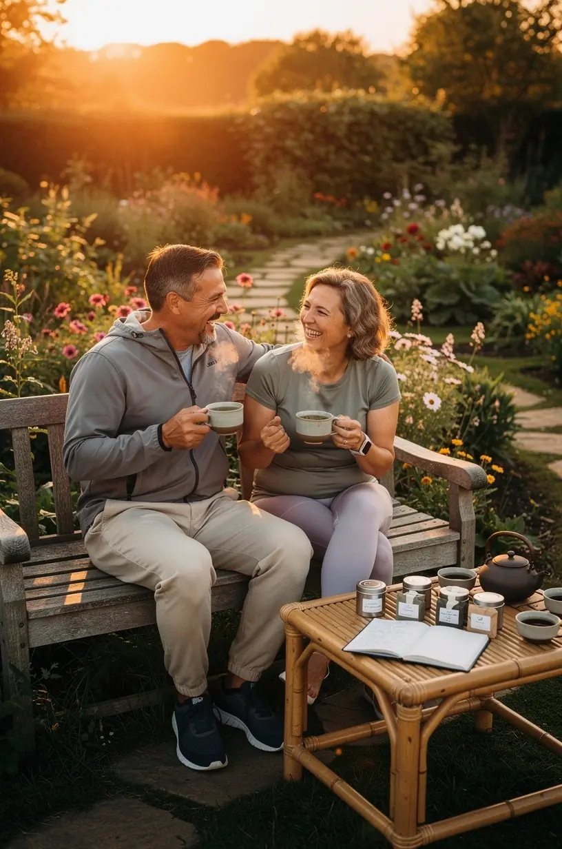 Darbo stalas su arbatos puodeliu, planavimo priemonėmis ir natūraliais elementais, pabrėžiantis produktyvų ir harmoningą dienos ritmą.