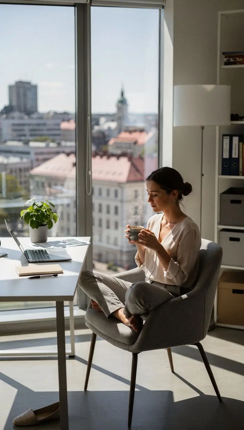 Rankos laikantis šiltą arbatos puodelį, perteikiantys komfortą ir pusiausvyrą per arbatos ritualą.